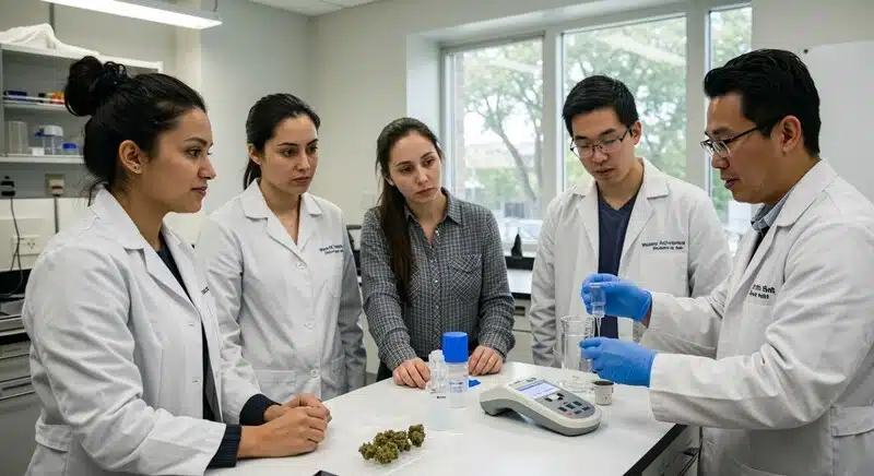 Equipo técnico revisando protocolos de higiene para salas de cultivo de cannabis.