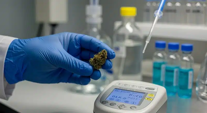 Esterilización de herramientas para evitar contaminación mediante análisis y control de calidad del cannabis en laboratorio.