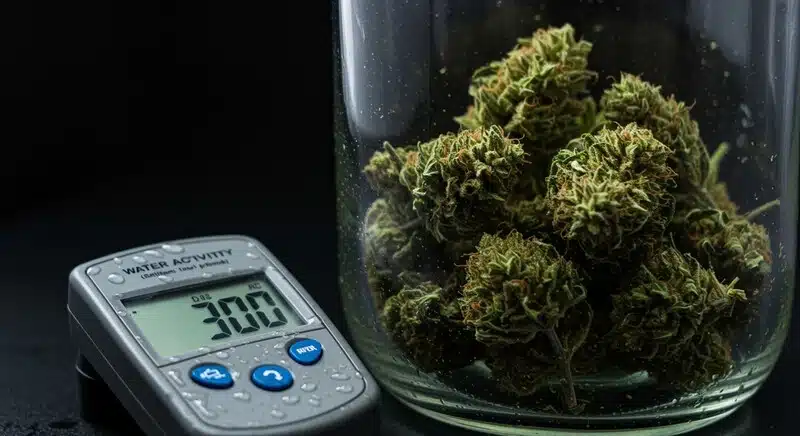 Almacenar cannabis para evitar crecimiento microbiano controlando la actividad de agua de los cogollos antes del almacenamiento.