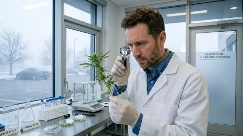 Técnico inspeccionando una planta de cannabis en laboratorio para identificar fuentes de contaminación microbiana en cannabis.