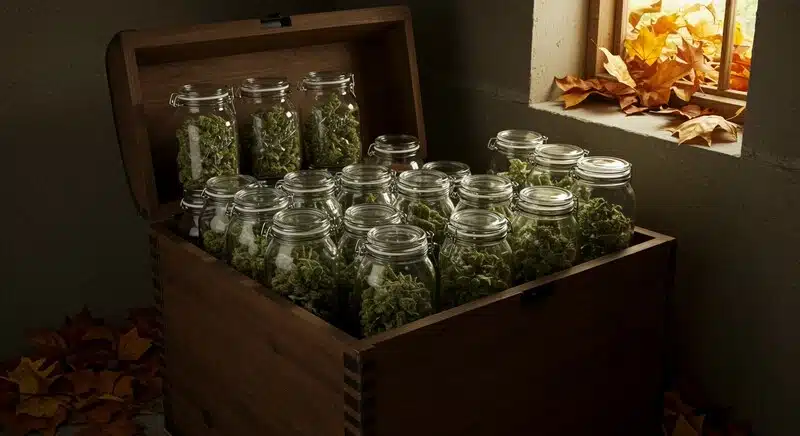 Frascos con flores de cannabis almacenadas tras esterilizar el sustrato para el cultivo.