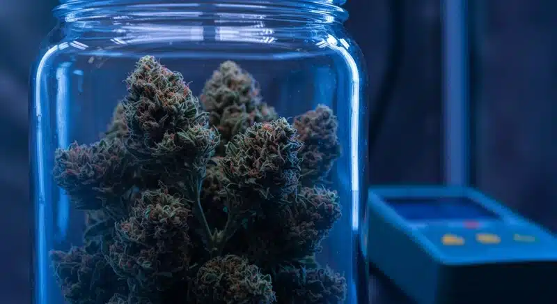 Frasco de vidrio con flores de cannabis durante el proceso de curado, donde el control de humedad ayuda a preservar los terpenos, los cannabinoides y la calidad de los cogollos.
