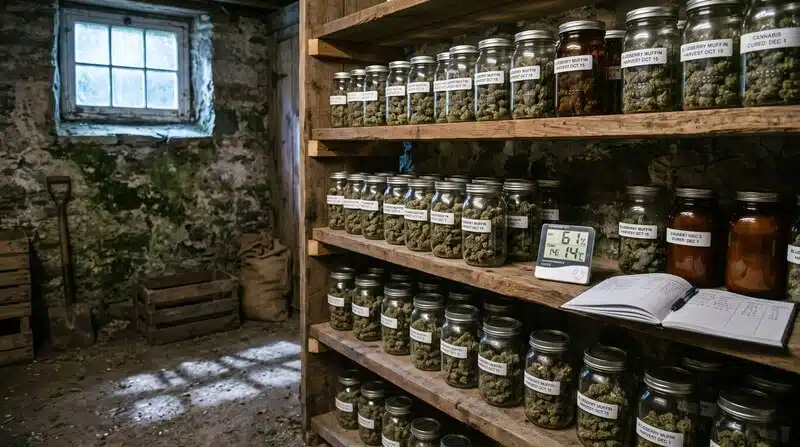 Flores de cannabis conservadas en frascos de vidrio correctamente etiquetados y almacenados en un espacio de curado controlado. El almacenamiento adecuado y la separación por lotes para minimizar el riesgo de contaminación cruzada en el manicurado y manejo.