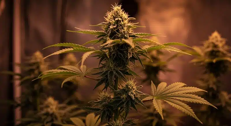 Planta Grapefruit Auto en floración cultivada en interior, con cogollo principal denso cubierto de tricomas y excelente desarrollo bajo iluminación artificial