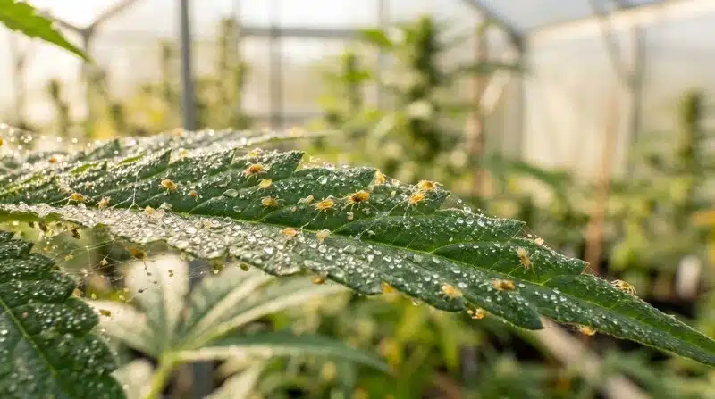 Hoja de Amnesia Lemon Cake Boom Regular con ácaros durante una inspección del cultivo.