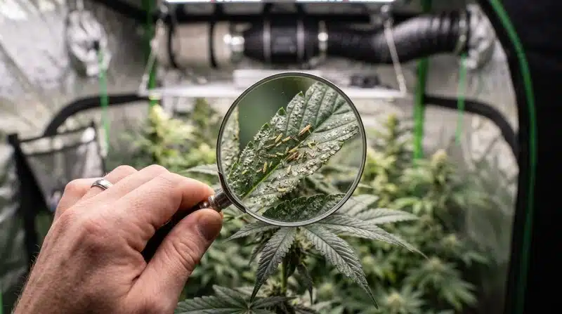 Hoja de Amnesia x Nicole Kush inspeccionada con lupa para detectar plagas.