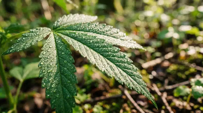 Hoja de cannabis Amnesia con gotas de rocío en fase de crecimiento vegetativo.