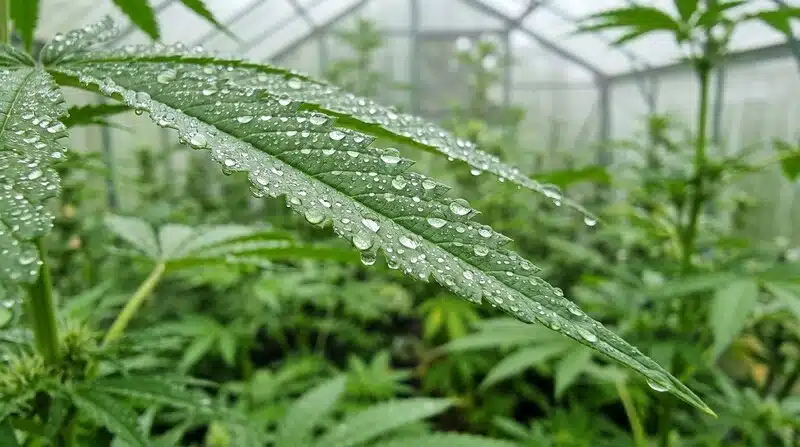Hoja de cannabis con gotas de humedad en un cultivo, relacionada con los tipos de contaminación microbiana en plantas de cannabis.