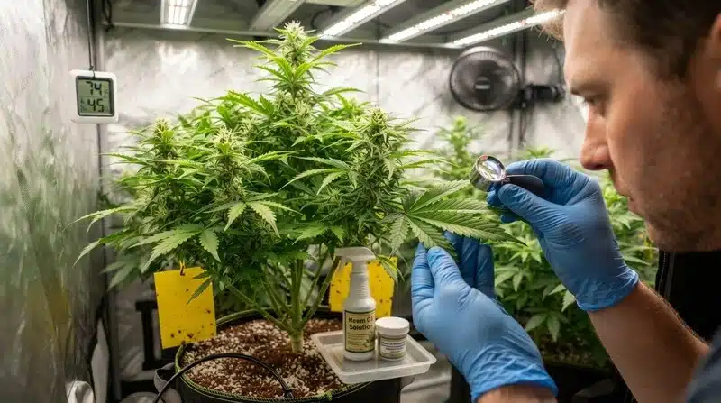 Cultivador revisando una planta de Badazz Cheese con una lupa para detectar posibles plagas durante el cultivo en interior. 