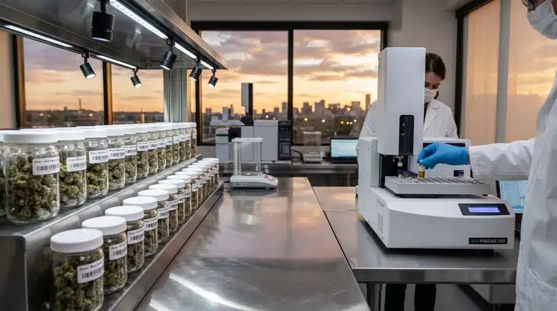 Laboratorio de análisis de cannabis realizando pruebas para detectar microbios del cannabis y garantizar la calidad de las flores.