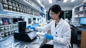 Técnico analizando flores de cannabis en laboratorio para prevenir el riesgo de contaminación cruzada.