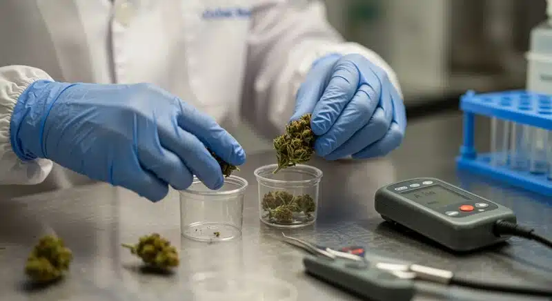 Manipulación de muestras de cannabis siguiendo protocolos de higiene para salas de cultivo.