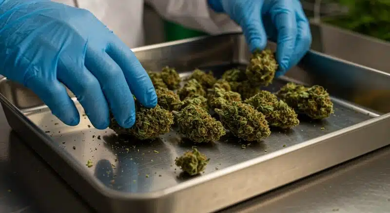 Almacenar cannabis para evitar crecimiento microbiano mediante manipulación higiénica con guantes durante el control de cogollos.