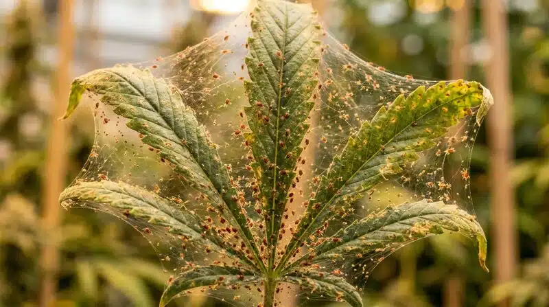 Técnicas de defoliación para minimizar el moho en plantas de cannabis afectadas por ácaros y telarañas.