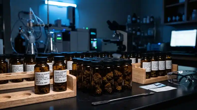 Frascos con muestras de Banana Kush Auto preparados para su análisis en un laboratorio especializado.