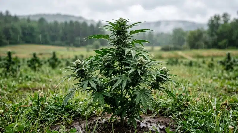 La variedad Amnesia Haze Autoflower F1 desarrolla una estructura compacta en cultivo exterior, con abundante ramificación y flores en formación.
