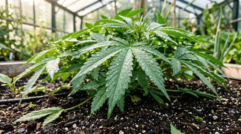 Planta de cannabis en un invernadero con humedad visible, mostrando cómo la humedad y temperatura favorecen el crecimiento microbiano.