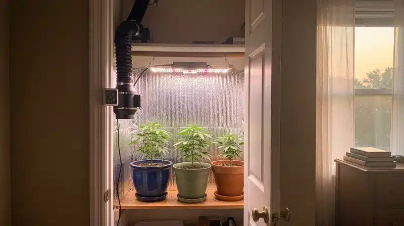 Plantas de Auto CBD Med Go cultivadas en un armario de cultivo interior.