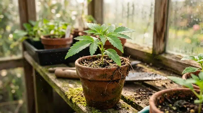Plántula de Amnesia x Kali Mist cultivada en maceta dentro de un invernadero durante sus primeras semanas de desarrollo.