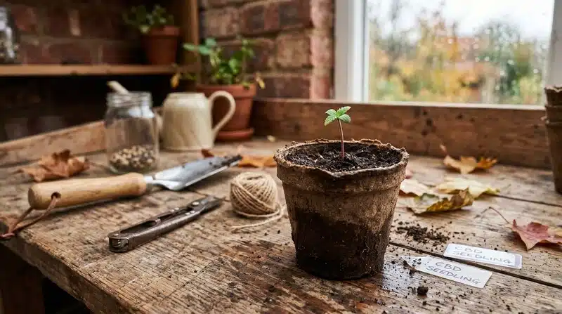 Plántula de Amnesia x Nicole Kush creciendo en una maceta biodegradable durante sus primeros días de desarrollo. Un sustrato ligero, una humedad estable y una iluminación adecuada favorecen un enraizamiento saludable y crecimiento desde la germinación.
