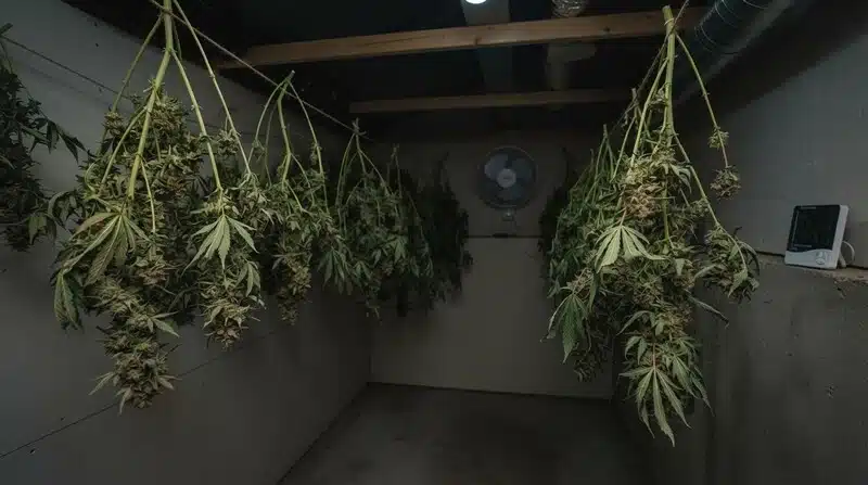 Cogollos de Amnesia F1 colgados durante el proceso de secado en una sala acondicionada con control ambiental, una etapa fundamental para preservar la calidad, el aroma y la resina de la cosecha.