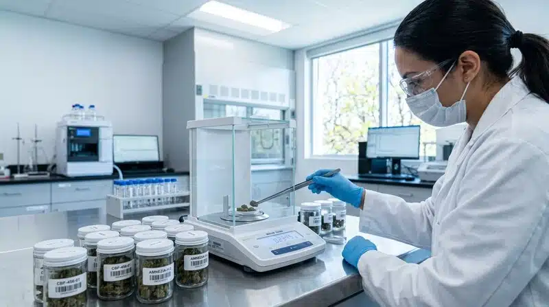 Técnico realizando un análisis de muestras de cannabis en un laboratorio de control de calidad.