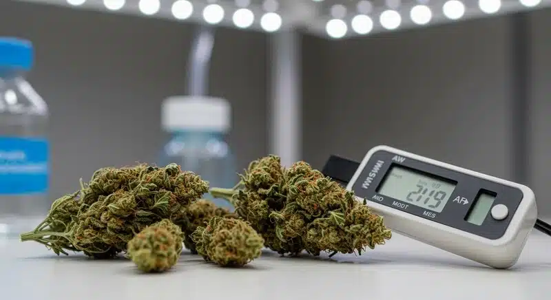 Uso de luz UV-C para limitar el crecimiento microbiano con control de la actividad de agua en cogollos de cannabis.