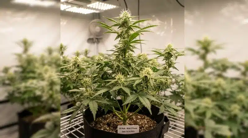Planta de cannabis cultivada en interior bajo iluminación LED en un ambiente con parámetros controlados.