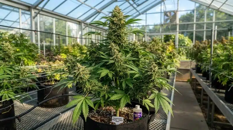 Ejemplar de Banana Kush Regular en invernadero con una cola principal prominente y varias flores laterales