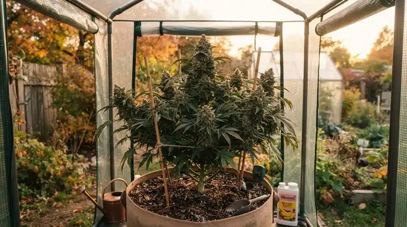Planta de Banana Split cultivada en maceta dentro de un pequeño invernadero, con una estructura compacta y múltiples cogollos densos en fase avanzada de floración.