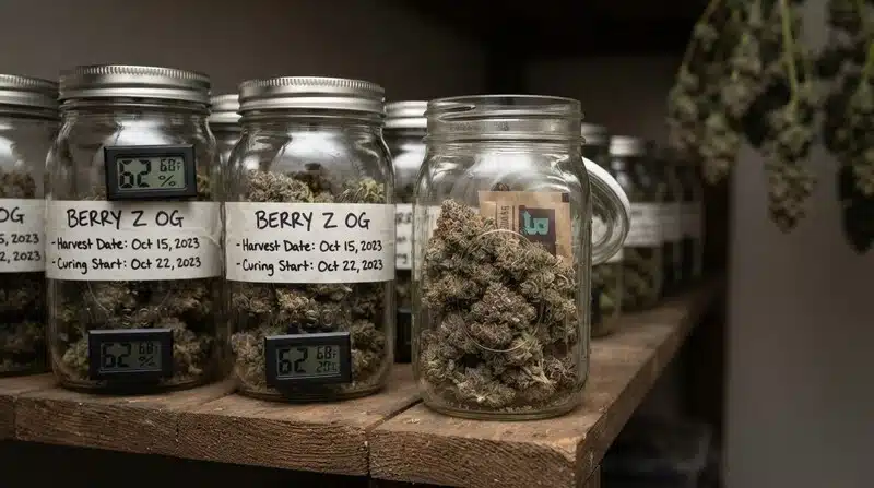 Cogollos de Berry Z OG almacenados en frascos de vidrio etiquetados para el proceso de curado, con medidores de humedad visibles para controlar las condiciones de conservación tras la cosecha.
