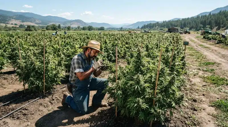 Cultivo exterior de Big Devil Auto en una plantación a gran escala, con un trabajador inspeccionando una de las plantas en fase de floración, una escena que refleja el seguimiento del desarrollo.