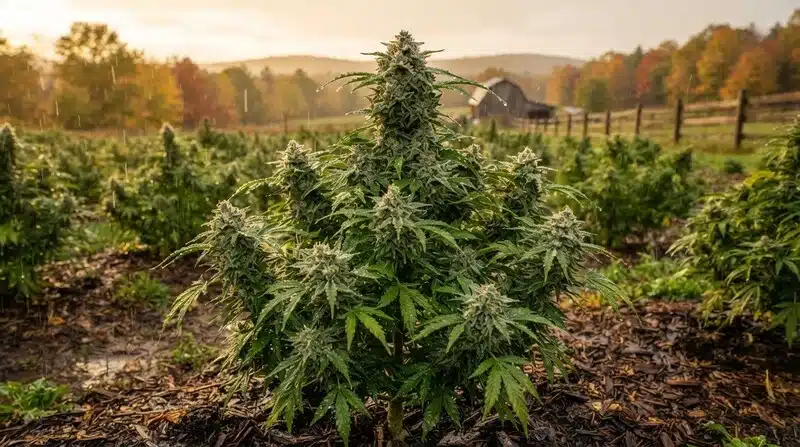 Planta de Big Jack Widow Auto en cultivo exterior, con una cola central dominante y numerosos cogollos laterales cubiertos de resina, mostrando una estructura compacta en una fase avanzada de floración.
