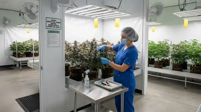 Planta de Biscotti Mintz en un entorno de cultivo interior profesional, donde se realiza una revisión y manipulación de las ramas en una sala controlada con iluminación artificial.