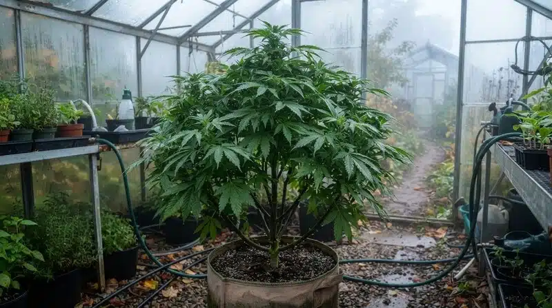 Planta de Black Demon OG cultivada en maceta dentro de un invernadero, con ramificación abundante, follaje verde intenso y una estructura compacta adaptada a un entorno de cultivo protegido.