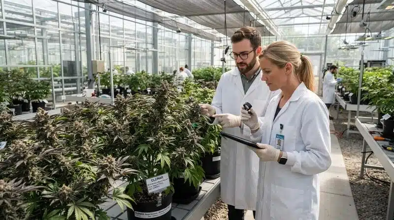 Plantas de Black Domina x Banana Kush en un invernadero profesional mientras dos técnicos revisan su desarrollo.