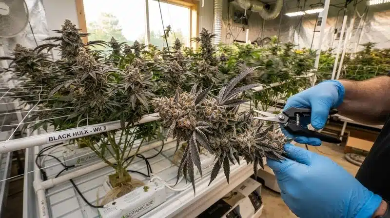 Plantas jóvenes de Black Hulk creciendo de forma uniforme en bandejas de cultivo dentro de un invernadero.