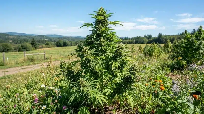 Planta de Black Jack cultivada al aire libre, con porte alto, estructura piramidal y una cola central bien desarrollada, creciendo en un entorno soleado junto a otras plantas de jardín.