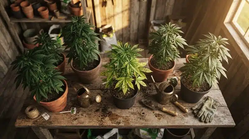 Varias plantas de Blue Colombian Kush cultivadas en maceta sobre una mesa de trabajo, con un ejemplar en el centro que presenta clorosis y amarilleo en las hojas.