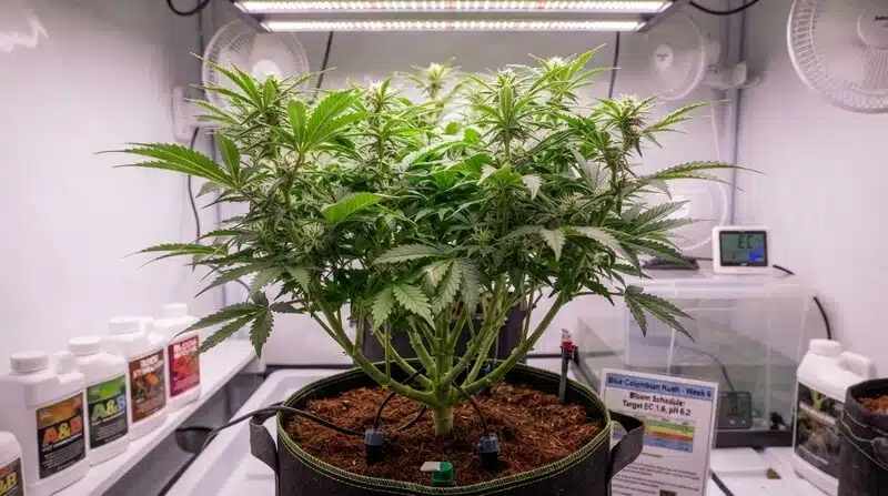 Planta de Blue OG cultivada en interior bajo luz LED, con una estructura ramificada y bien abierta, acompañada de nutrientes y una tabla de alimentación.
