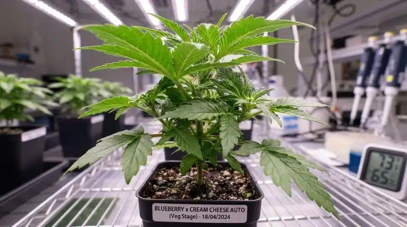 Blunicorn #5 en fase vegetativa bajo iluminación LED en cultivo interior.