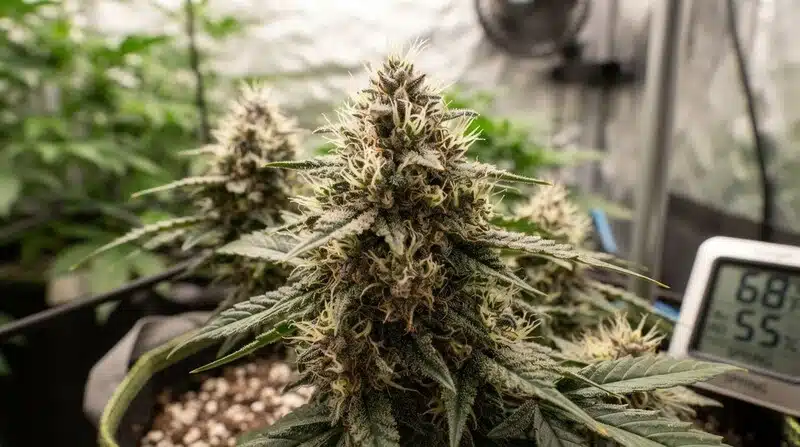 Blunicorn #5 en cultivo interior, con una cola floral compacta, abundantes pistilos claros y una visible cobertura de tricomas, junto a un medidor ambiental para controlar las condiciones del cultivo.