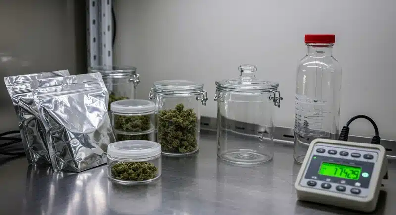 Humedad ideal para conservación del cannabis a largo plazo con frascos herméticos y medidor de humedad.
