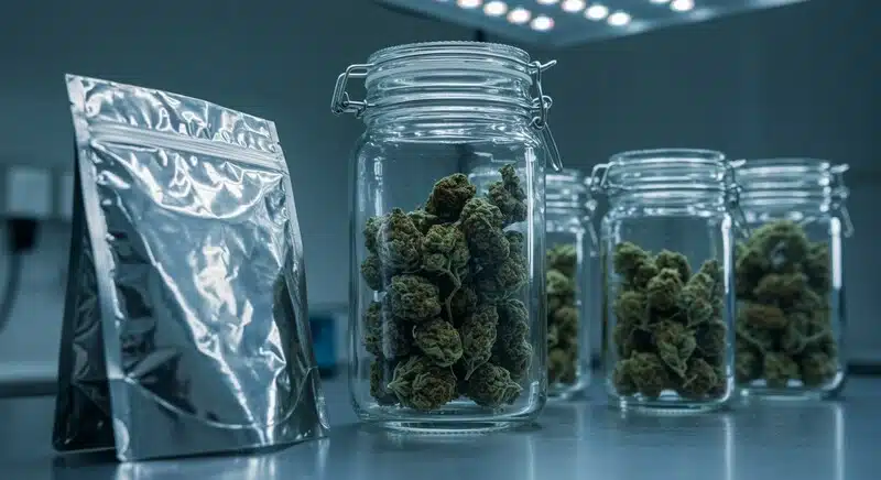 Flores de cannabis almacenadas en frascos herméticos y bolsas de vacío como parte de un sistema de conservación.