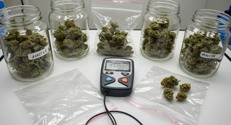 Medición de parámetros en flores de cannabis antes del envasado al vacío para prevenir riesgos microbianos.