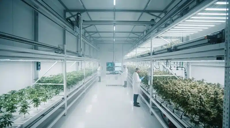 Instalación de cultivo de cannabis con iluminación LED y control ambiental utilizada para evaluar rasgos genéticos asociados a la resistencia microbiana.