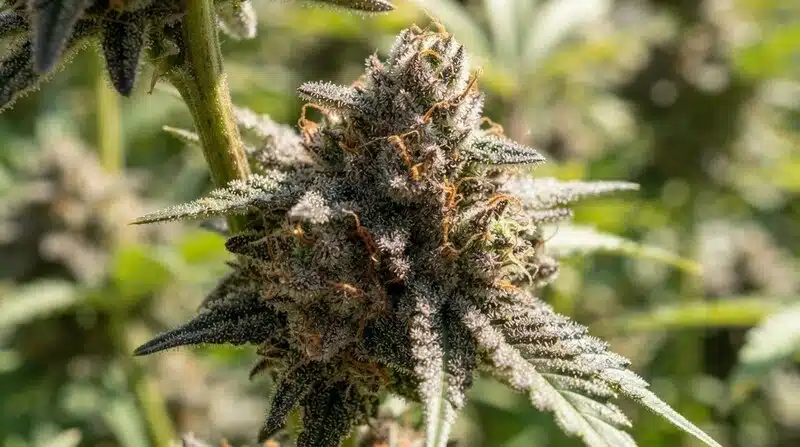 Cogollo de Blackberry Pie con abundantes tricomas y pistilos anaranjados.