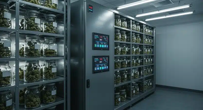 Sala de almacenamiento de cannabis con frascos de vidrio y sistemas de control de temperatura y humedad. Un ambiente estable prolonga la conservación de las flores, preserva su calidad y reduce el riesgo de contaminación por humedad.