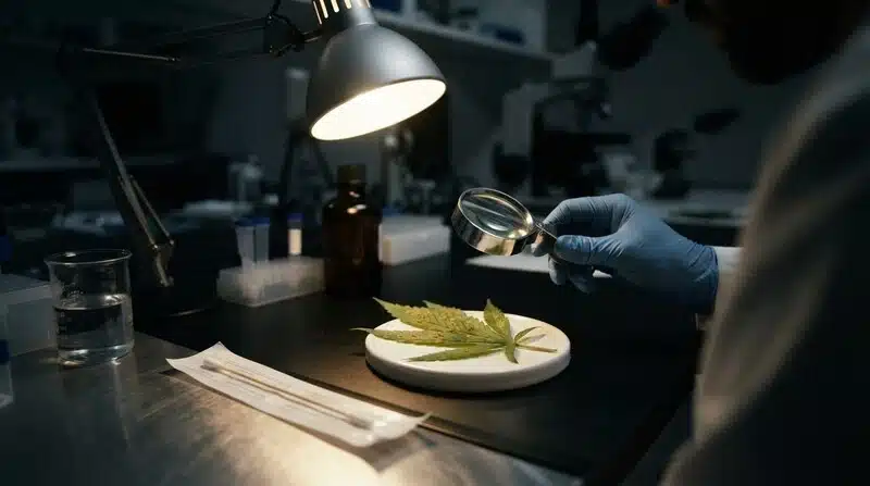 Contaminación bacteriana en el cultivo de cannabis detectada mediante inspección de hojas en laboratorio.