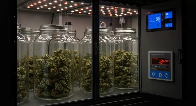 Frascos con flores de cannabis en una cámara de almacenamiento con temperatura controlada. Un manejo higiénico durante el manicurado y unas condiciones ambientales estables reducen el riesgo de contaminación microbiana y preservan la calidad de los cogollos.
